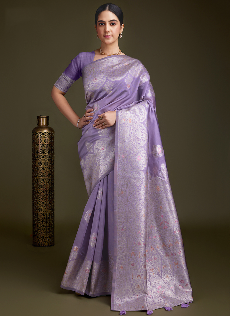 Buy Soft Silk Lavender Traditional Wear Zari Weaving Saree Online From